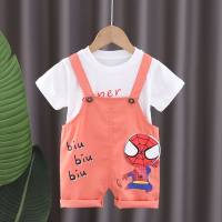 Boys and girls summer short-sleeved suits new baby stylish bear fish overalls boys and girls baby summer two-piece suit  Red