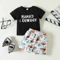 Infant boys MAMA'S COWBOY printed khaki with cow head printed two-piece set foreign trade children's clothing  Black