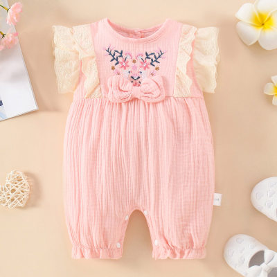 Baby Girl Pure Cotton Floral Embroidered Bowknot Decor Lace Spliced Sleeveless Boxer Romper