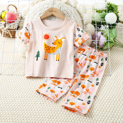 2-piece Toddler Boy Pure Cotton Deer Printed Short Sleeve T-shirt & Allover Printing Pants