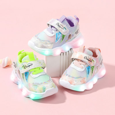 Zapatillas LED con patrón de dibujos animados de color degradado de cuero PU para niña pequeña