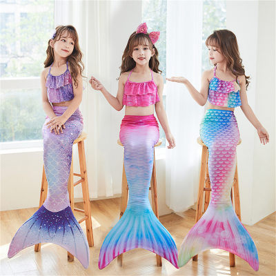Maiô de sereia infantil, roupa de banho de três peças com cauda de peixe, grande, médio e pequeno, vestido de princesa, roupas de biquíni