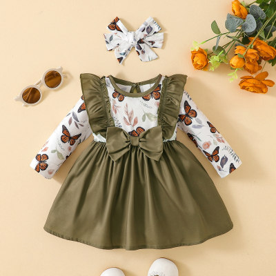 Vestido de manga larga con decoración de lazo y patchwork con estampado de mariposas para niña bebé