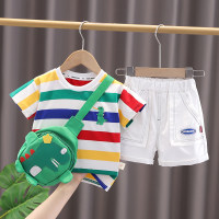 Boys' new summer set, young children, fashionable striped dinosaur bag, short-sleeved three-piece set, trendy style with bag  White