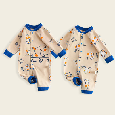Brother and Sister Pure Cotton Allover Cartoon Duck Pattern Button-up Long-sleeved Long-leg Romper