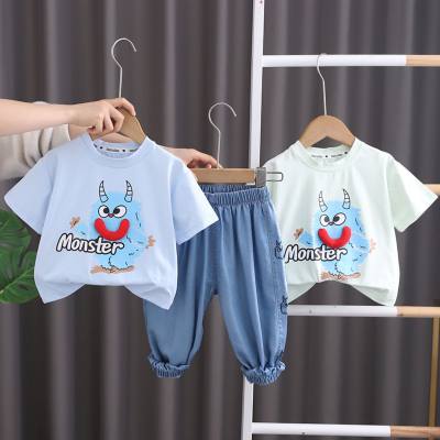 Summer new children's short-sleeved suits fashionable cartoon monster T-shirts boys' casual denim pants two-piece suit