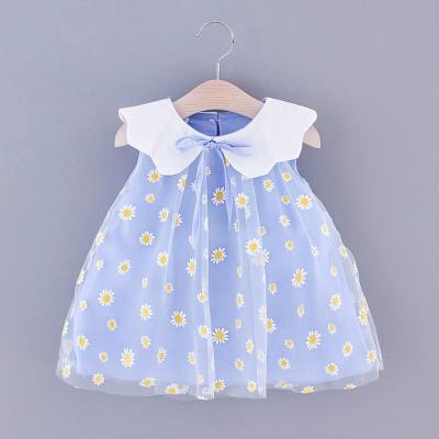 Novo vestido infantil de verão 2022, roupas infantis para meninas, linda malha com margaridas, lapela grande, cor sólida, sem mangas