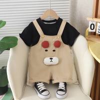Summer new Korean version of children's clothing for boys and girls three-dimensional bear short-sleeved suspenders two-piece summer children's suit trendy  Black