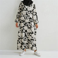 Women's floral dress round neck pullover loose fashion robe  Black
