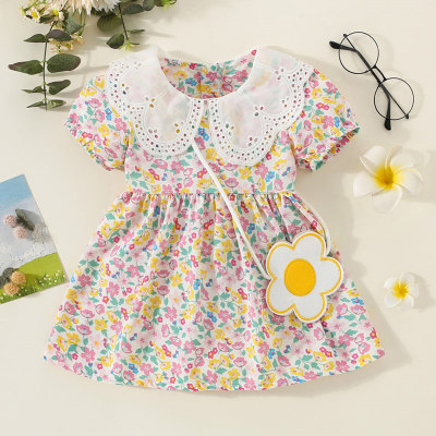 2-piece Baby Girl Lapel Patchwork Allover Floral Printed Short Sleeve Dress & Matching Flower Style Bag