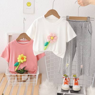 New summer style for small and medium children, comfortable and fashionable, three-dimensional flower short-sleeved trousers suit, girls' summer short-sleeved suit