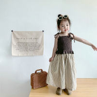 Girls' suit, wrinkled suspenders, small fresh top and striped wide-leg pants 24 summer clothes, new style foreign trade children's clothing dropshipping  Brown