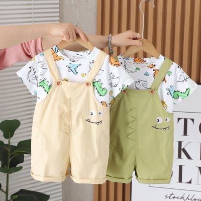 Children's short-sleeved suit printed suspenders baby summer clothes trendy clothes boys summer children's clothing two-piece suit