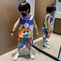 Boys summer sleeveless Altman suit 2024 new baby cartoon vest two-piece summer cool clothes  White