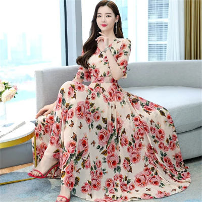 Modedruck 2022 Sommer koreanischen Stil Taille kurzärmeliges V-Ausschnitt-Kleid plus Größe Temperament A-Linie Rock schlanker mittellanger Rock