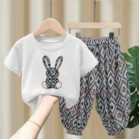 Children's suits for boys and girls, summer thin baby short-sleeved T-shirt tops, anti-mosquito pants, two-piece set, trendy sports children's clothing  White