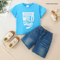 2-teiliges Kurzarm-T-Shirt mit Buchstabendruck für Kinder und Jeansshorts  Blau
