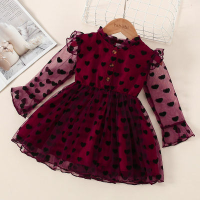 Toddler Heart-shaped Lace Mesh Velvet Long Sleeve Dress
