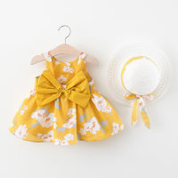 A749 new summer baby girl vest dress princess dress 1234 years old big bow flower skirt with hood  Yellow