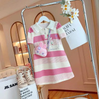 Girls Dress Summer 2024 New Korean Style Western Style Children's Polo Skirt Girls Short Sleeve Striped Casual Skirt  Pink