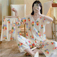 Women's short-sleeved trousers three-piece suit with bow print  Multicolor