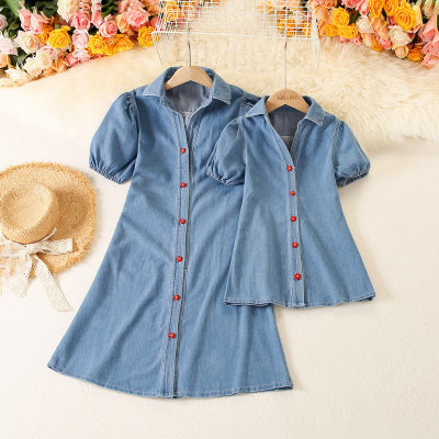 Casual Denim Puff Sleeve Dress for Mom and Me