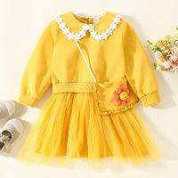 Toddler Ruffled Lace Lapel Long Sleeve Dress  Yellow