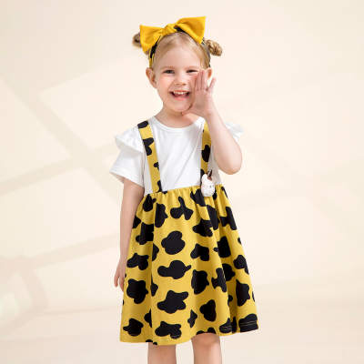 فستان هيبوبي جيرل مرقع مطبوع أصفر للفتيات الصغيرات وعجل لطيف
