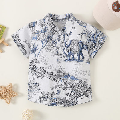 Toddler Boy Pure Cotton Elephant Printed Short Sleeve Shirt