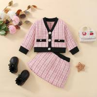 2-piece Toddler Girl Houndstooth Button Front Deep V-neck Tweed Jacket & Skirt  Pink