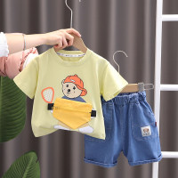 Wholesale children's clothing for children aged 1-5 years old, cartoon printed casual short-sleeved boys' summer T-shirts, two-piece set trendy  Yellow