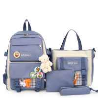 Children's Pure Cotton Solid Color School Bag Set  Blue