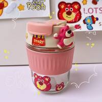Double tasse à boire ours fraise, tasse d'eau pour enfants, mignonne tasse Portable en verre de grande capacité  Multicolore