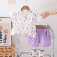 Summer new style girls stand-up collar placket short-sleeved suit baby girl casual shorts two-piece trendy set  Purple