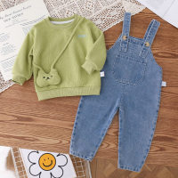 Baby Girl 3 Pieces Casual Embroidered "BABY" Letter Pattern Sweater & Denim Suspender Pants & Cute Cat Hanging Ornaments  Green