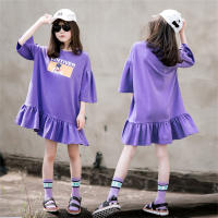 Girls dress loose casual T-shirt dress summer dress stylish middle and large children's skirt  Purple