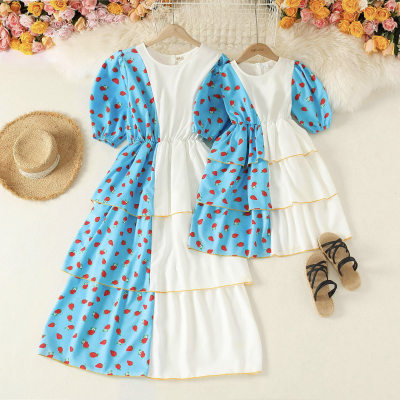 Sweet Strawberry Print Puff Sleeve Long Dress for Mom and Me