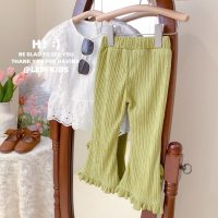 2023 Spring New Style Little Girls Flare Pants Girls Butterfly Buckle Slits Western Style Versatile Little Black Pants Fashionable Pants  Green