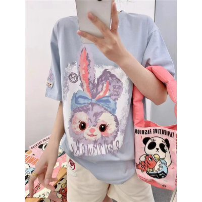Camiseta de manga curta de coelho com desenho animado e gola redonda