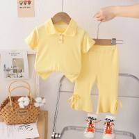 New summer style comfortable and fashionable lapel short-sleeved tie nine-point pants suit for small and medium-sized children girls summer suit  Yellow