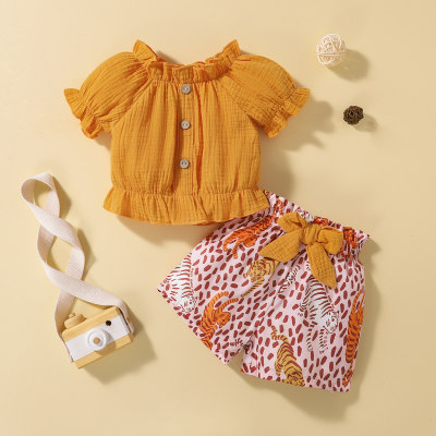 hibobi Girl Baby Tiger Printed Shorts Puff Sleeve Set