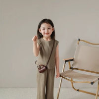 New summer girls baby ice silk suits baby girls summer loose sleeveless vest tops trousers two-piece suit  Khaki