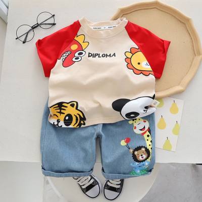 Boys and children's clothing summer clothing 2023 new cartoon cute printed round neck short-sleeved shorts suit children's clothing trendy children