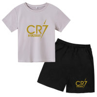 New cr7 trendy children's printed sports casual wear loose short-sleeved T-shirt suit  Gray