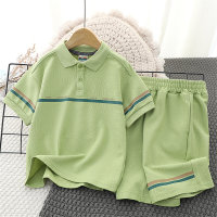 Children's short-sleeved T-shirt casual suit POLO shirt medium and large children's trendy shorts 2-piece set  Green