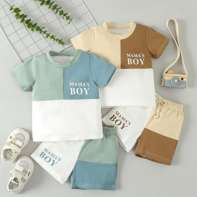 2024 new summer boys casual suit infant and toddler color-blocked short-sleeved letter T-shirt shorts two-piece set