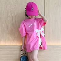 Girls cotton t-shirt Korean style short-sleeved summer fashionable girl bow top medium and large children's slit summer T-shirt trendy  Pink