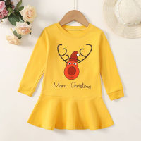 Toddler Girl Christmas Solid Color Cartoon Letter Long-sleeved Dress  Yellow