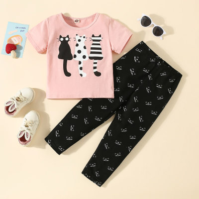 2-piece Toddler Girl Cat Printed Short Sleeve T-shirt & Allover Printing Pants
