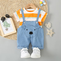 Pantaloncini con bretelle a righe e orsetto per neonato  arancia